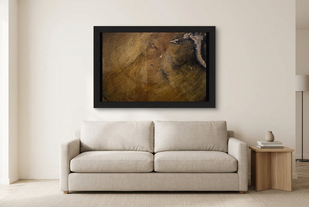 Illustrative room preview of A Record of Seasons in a black frame above a light sofa. Artwork scale is approximate.